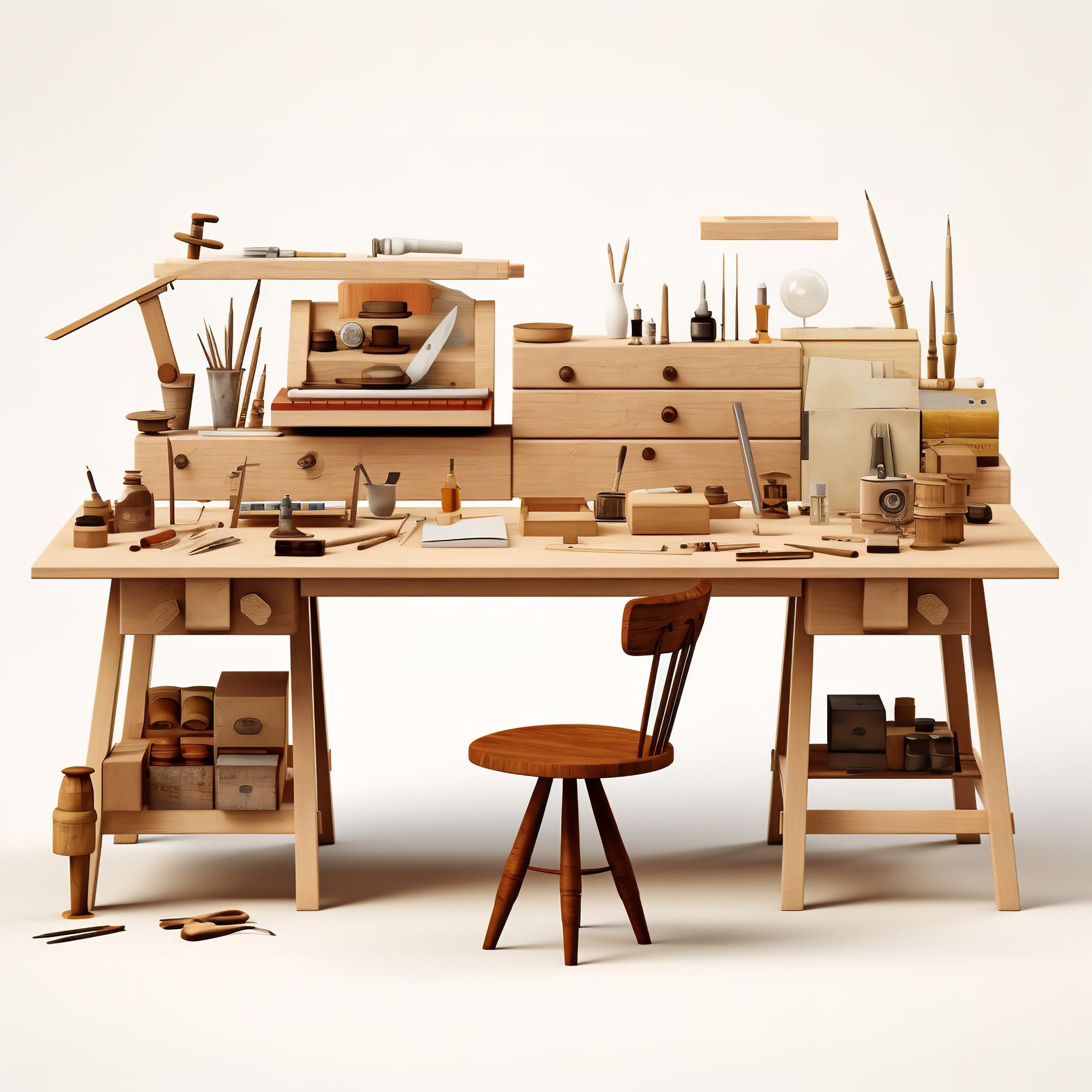 Studio interior with workbenches and tools